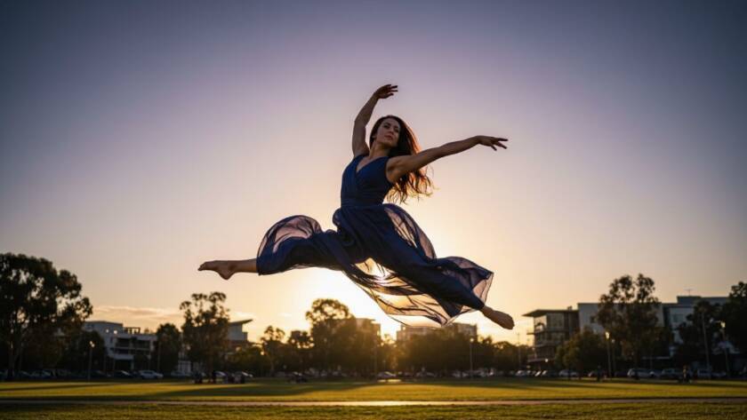 An energetic dancer mid-leap, silhouetted against a dramatic sunset at a Narre Warren park, epitomising the essence of Capturing Graceful Dance in Narre Warren with professional artistry and dramatic lighting.