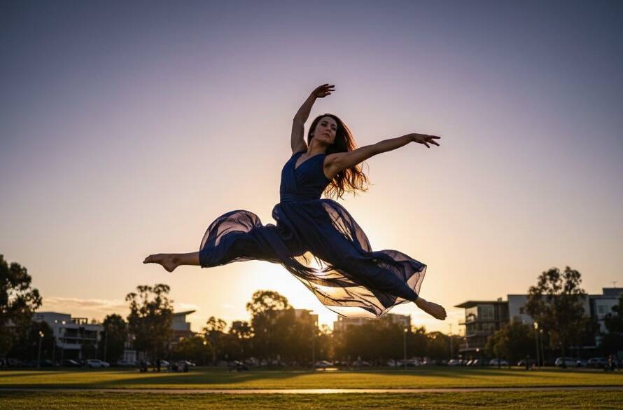 An energetic dancer mid-leap, silhouetted against a dramatic sunset at a Narre Warren park, epitomising the essence of Capturing Graceful Dance in Narre Warren with professional artistry and dramatic lighting.