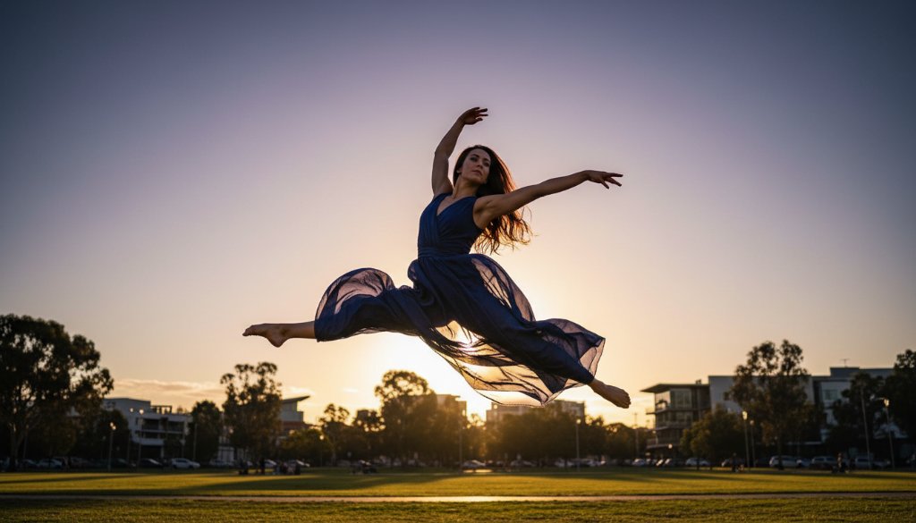 An energetic dancer mid-leap, silhouetted against a dramatic sunset at a Narre Warren park, epitomising the essence of Capturing Graceful Dance in Narre Warren with professional artistry and dramatic lighting.