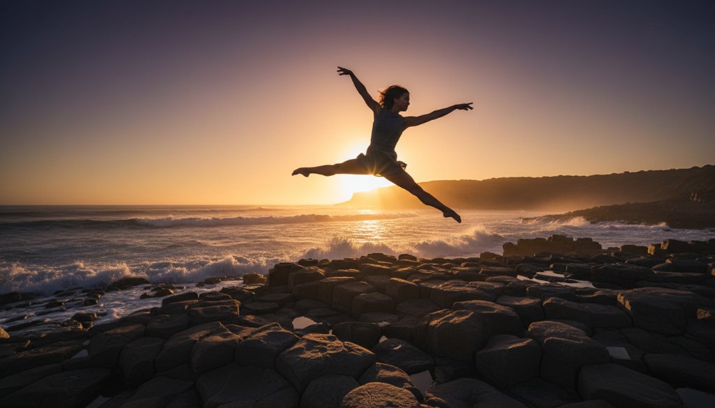 A professional photograph capturing graceful dance Warrnambool coastline: a dancer in mid-leap, silhouetted against a dramatic sunset over the Southern Ocean, evoking an epic moment of artistry and power.