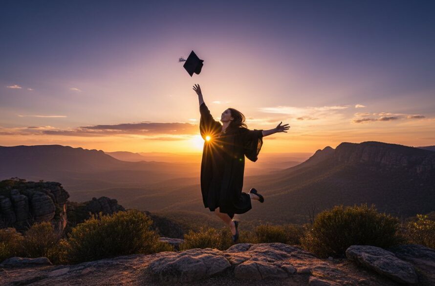 A vibrant, professionally colour-graded photograph of a graduating student in their cap and gown, joyfully tossing their mortarboard against the stunning backdrop of the Grampians National Park near Ararat, Victoria, at sunset, embodying the spirit of Capturing Graduation Joy Ararat Victoria. Dramatic backlighting highlights the silhouette, creating an epic, triumphant moment.