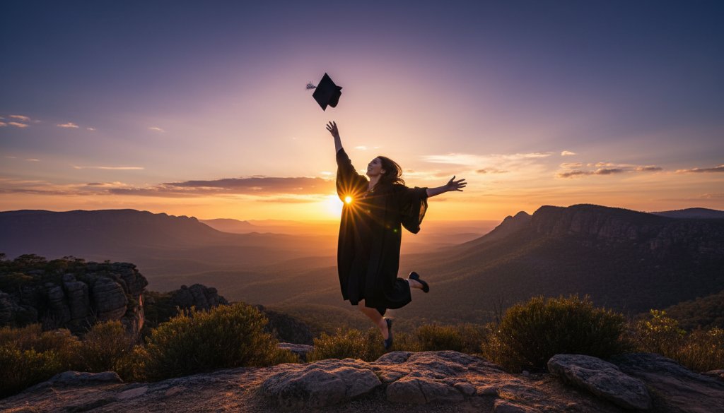 A vibrant, professionally colour-graded photograph of a graduating student in their cap and gown, joyfully tossing their mortarboard against the stunning backdrop of the Grampians National Park near Ararat, Victoria, at sunset, embodying the spirit of Capturing Graduation Joy Ararat Victoria. Dramatic backlighting highlights the silhouette, creating an epic, triumphant moment.