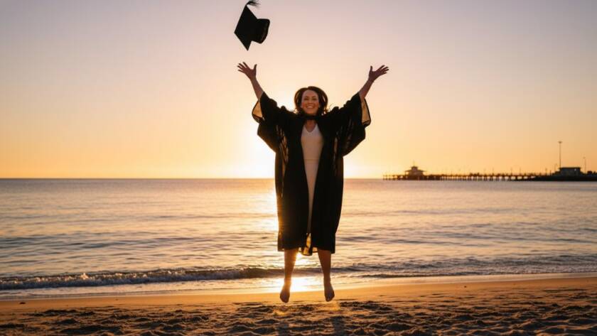 A wide-angle, epic moment photograph of a beaming university graduate in their cap and gown, joyously tossing their mortarboard high into the air against a vibrant sunset over the Chelsea Heights foreshore, perfectly embodying 'Capturing Graduation Joy Chelsea Heights Photography'.
