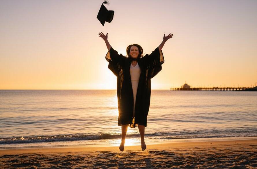 A wide-angle, epic moment photograph of a beaming university graduate in their cap and gown, joyously tossing their mortarboard high into the air against a vibrant sunset over the Chelsea Heights foreshore, perfectly embodying 'Capturing Graduation Joy Chelsea Heights Photography'.