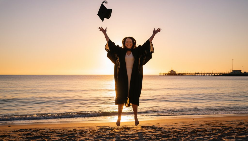 A wide-angle, epic moment photograph of a beaming university graduate in their cap and gown, joyously tossing their mortarboard high into the air against a vibrant sunset over the Chelsea Heights foreshore, perfectly embodying 'Capturing Graduation Joy Chelsea Heights Photography'.