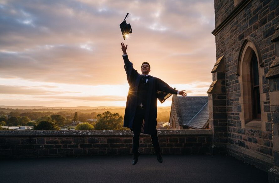 A beaming graduate in cap and gown, silhouetted against Hamilton's historic bluestone architecture at golden hour, joyfully holding their scroll. An epic moment perfectly capturing Hamilton Victoria graduation joy professionally.