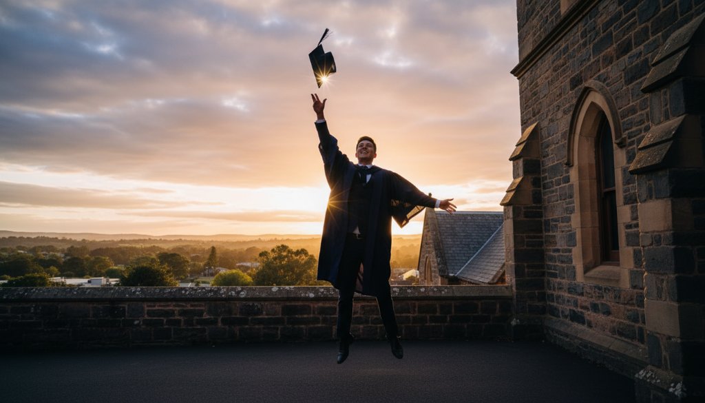 A beaming graduate in cap and gown, silhouetted against Hamilton's historic bluestone architecture at golden hour, joyfully holding their scroll. An epic moment perfectly capturing Hamilton Victoria graduation joy professionally.