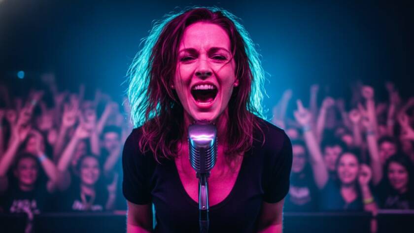 An electrifying close-up shot of a lead guitarist mid-shred under dramatic stage lights, perfectly capturing Hampton East live music photography moments with intense energy and passion.