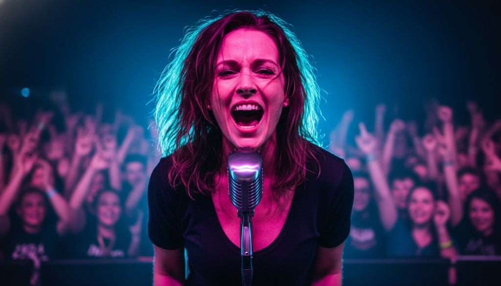 An electrifying close-up shot of a lead guitarist mid-shred under dramatic stage lights, perfectly capturing Hampton East live music photography moments with intense energy and passion.