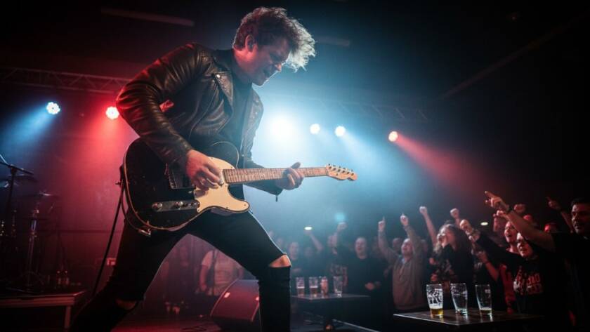 A dynamic, wide-angle shot of a lead guitarist mid-shred under dramatic blue and red stage lights, audience members' hands raised in silhouette in the foreground, expertly capturing Hampton Park's live music energy at a bustling local venue.