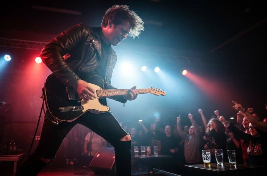 A dynamic, wide-angle shot of a lead guitarist mid-shred under dramatic blue and red stage lights, audience members' hands raised in silhouette in the foreground, expertly capturing Hampton Park's live music energy at a bustling local venue.