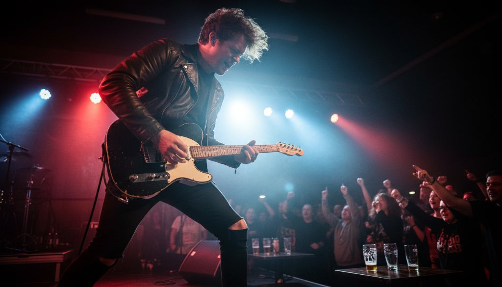 A dynamic, wide-angle shot of a lead guitarist mid-shred under dramatic blue and red stage lights, audience members' hands raised in silhouette in the foreground, expertly capturing Hampton Park's live music energy at a bustling local venue.