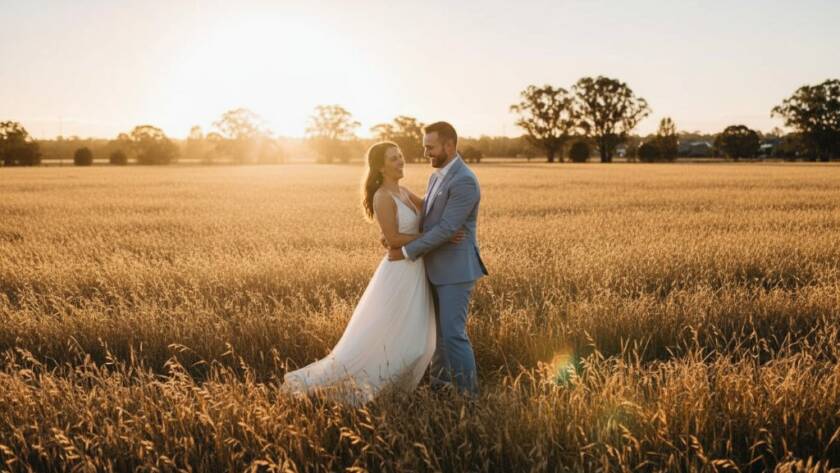 An epic moment photo of a newly married couple sharing a joyous, candid embrace amidst the golden hour glow at a rustic, scenic Derrimut wedding venue, with 'Capturing heartfelt Derrimut wedding photography memories' perfectly encapsulated in the scene.