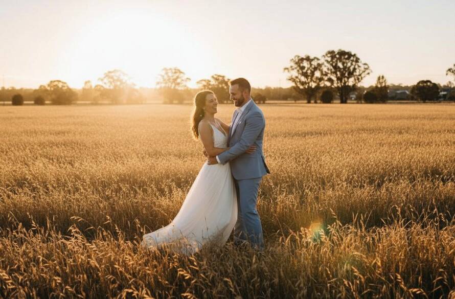 An epic moment photo of a newly married couple sharing a joyous, candid embrace amidst the golden hour glow at a rustic, scenic Derrimut wedding venue, with 'Capturing heartfelt Derrimut wedding photography memories' perfectly encapsulated in the scene.