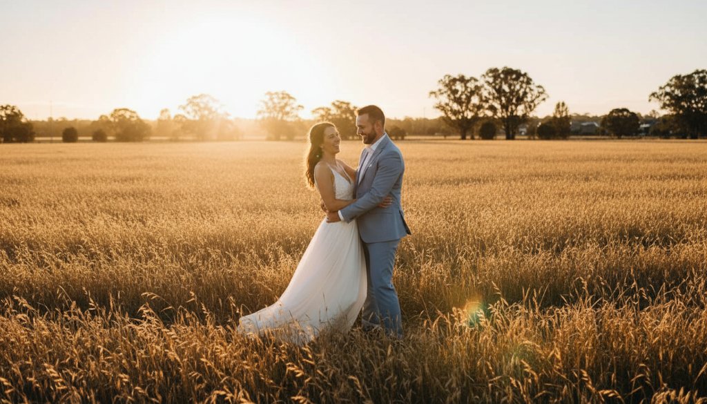 An epic moment photo of a newly married couple sharing a joyous, candid embrace amidst the golden hour glow at a rustic, scenic Derrimut wedding venue, with 'Capturing heartfelt Derrimut wedding photography memories' perfectly encapsulated in the scene.