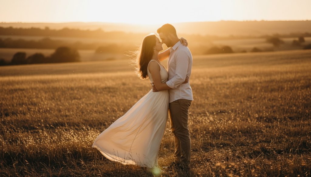An emotionally resonant and professionally colour-graded cinematic photograph showcasing a couple embracing passionately at sunset in a rustic, golden-lit field near Epsom, Victoria, perfectly capturing heartfelt Epsom engagement photos with dramatic flair.