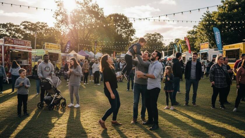 An epic moment captured, showcasing the joyous celebration of a local community event in Rowville, Victoria, with guests laughing and dancing under string lights, beautifully lit by professional photography, evoking the heartfelt event memories Rowville offers.