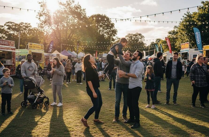 An epic moment captured, showcasing the joyous celebration of a local community event in Rowville, Victoria, with guests laughing and dancing under string lights, beautifully lit by professional photography, evoking the heartfelt event memories Rowville offers.