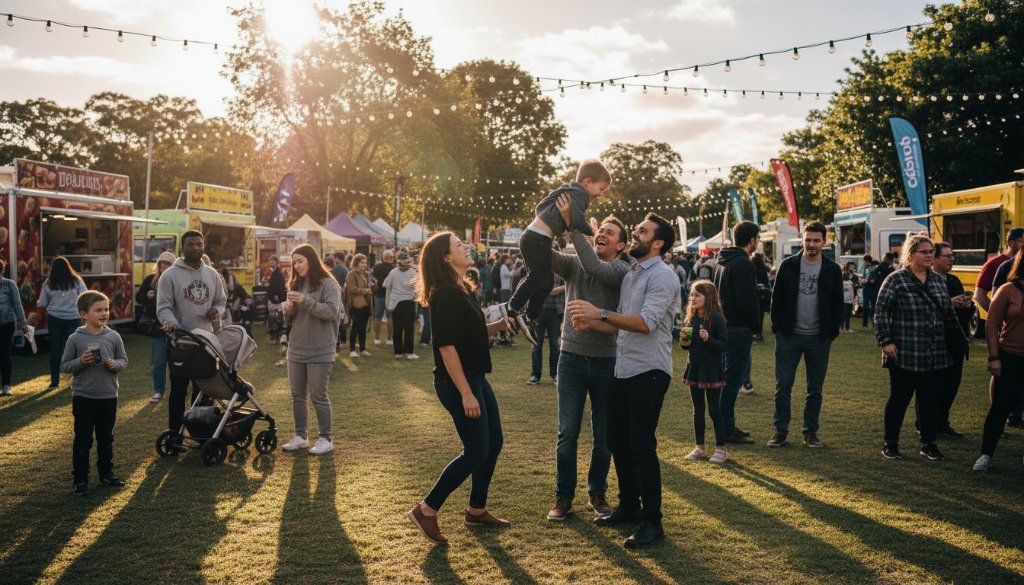 An epic moment captured, showcasing the joyous celebration of a local community event in Rowville, Victoria, with guests laughing and dancing under string lights, beautifully lit by professional photography, evoking the heartfelt event memories Rowville offers.