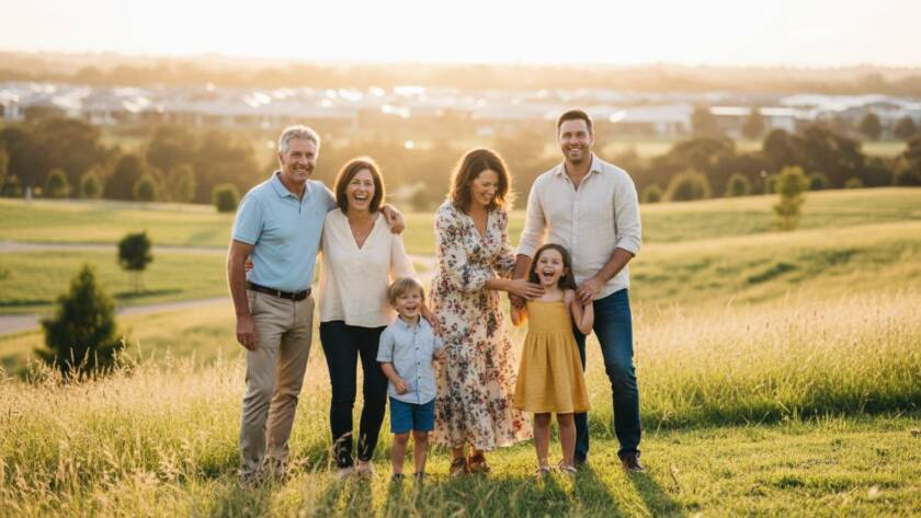 A multi-generational family, bathed in warm, golden hour light, laughing joyfully together in a natural bushland setting near Casey Fields in Clyde North. The grandfather playfully lifts a young child, while parents and siblings smile warmly, creating a heartfelt and authentic epic moment, professionally colour-graded with shallow depth of field.