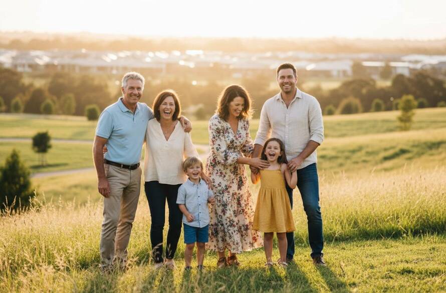 A multi-generational family, bathed in warm, golden hour light, laughing joyfully together in a natural bushland setting near Casey Fields in Clyde North. The grandfather playfully lifts a young child, while parents and siblings smile warmly, creating a heartfelt and authentic epic moment, professionally colour-graded with shallow depth of field.
