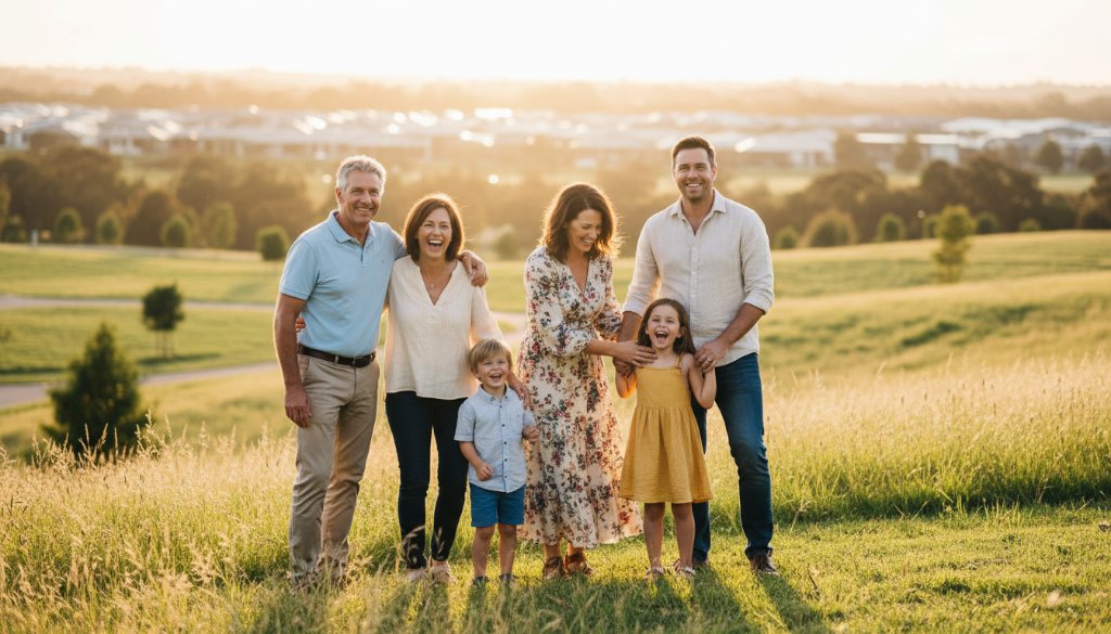 A multi-generational family, bathed in warm, golden hour light, laughing joyfully together in a natural bushland setting near Casey Fields in Clyde North. The grandfather playfully lifts a young child, while parents and siblings smile warmly, creating a heartfelt and authentic epic moment, professionally colour-graded with shallow depth of field.