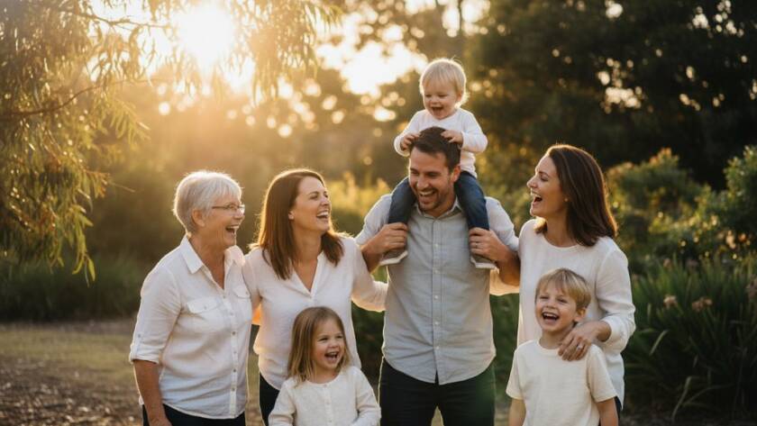 An epic moment of a family laughing joyfully during a golden hour sunset session, perfectly illustrating Capturing heartfelt family moments Langwarrin photographer Victoria, with the Langwarrin flora in the background.