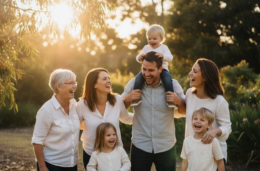 An epic moment of a family laughing joyfully during a golden hour sunset session, perfectly illustrating Capturing heartfelt family moments Langwarrin photographer Victoria, with the Langwarrin flora in the background.