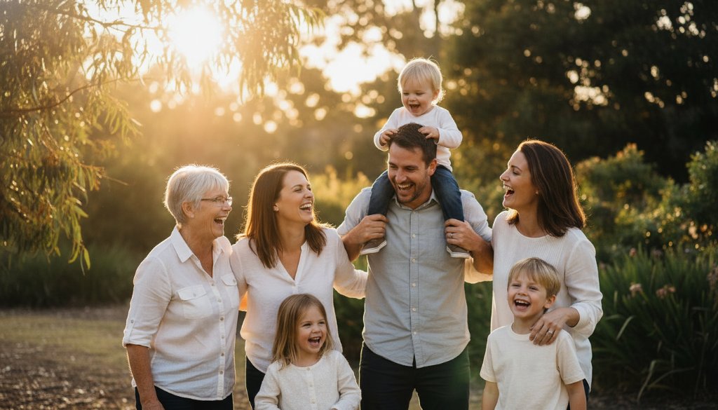 An epic moment of a family laughing joyfully during a golden hour sunset session, perfectly illustrating Capturing heartfelt family moments Langwarrin photographer Victoria, with the Langwarrin flora in the background.