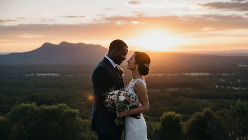 An epic, emotionally resonant photograph capturing heartfelt Rowville wedding photography moments: A newlywed couple silhouetted against a dramatic sunset over Churchill National Park, embracing intimately, with a golden glow illuminating their joyful expressions. Professional color grading and cinematic composition.