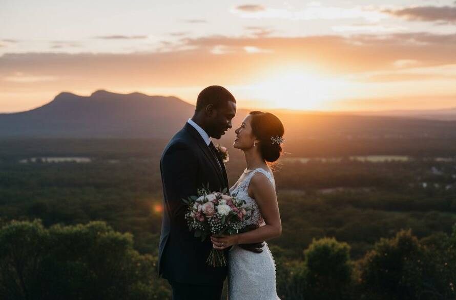 An epic, emotionally resonant photograph capturing heartfelt Rowville wedding photography moments: A newlywed couple silhouetted against a dramatic sunset over Churchill National Park, embracing intimately, with a golden glow illuminating their joyful expressions. Professional color grading and cinematic composition.