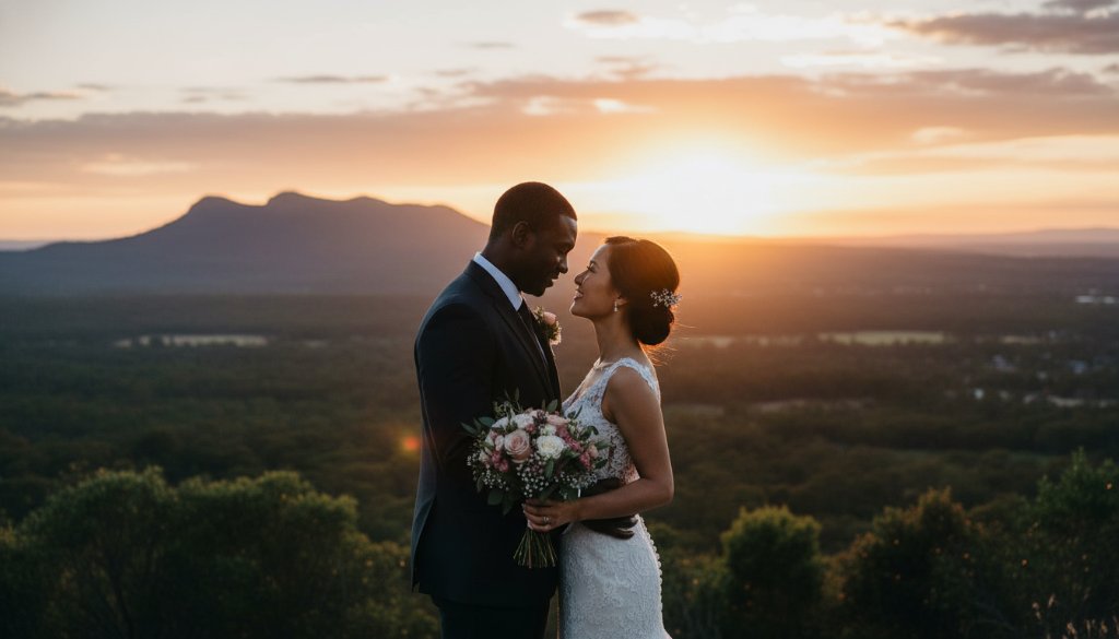 An epic, emotionally resonant photograph capturing heartfelt Rowville wedding photography moments: A newlywed couple silhouetted against a dramatic sunset over Churchill National Park, embracing intimately, with a golden glow illuminating their joyful expressions. Professional color grading and cinematic composition.