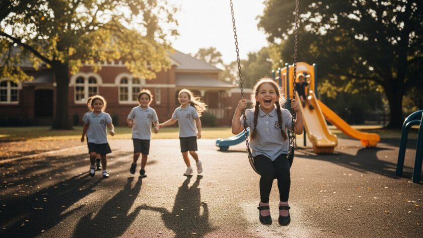 A candid, sun-drenched wide shot of students laughing joyfully in the playground of an Irymple school, with the iconic Irymple Primary School building in the background, beautifully illustrating 'capturing heartfelt school photography moments Irymple' with a professional, cinematic feel.