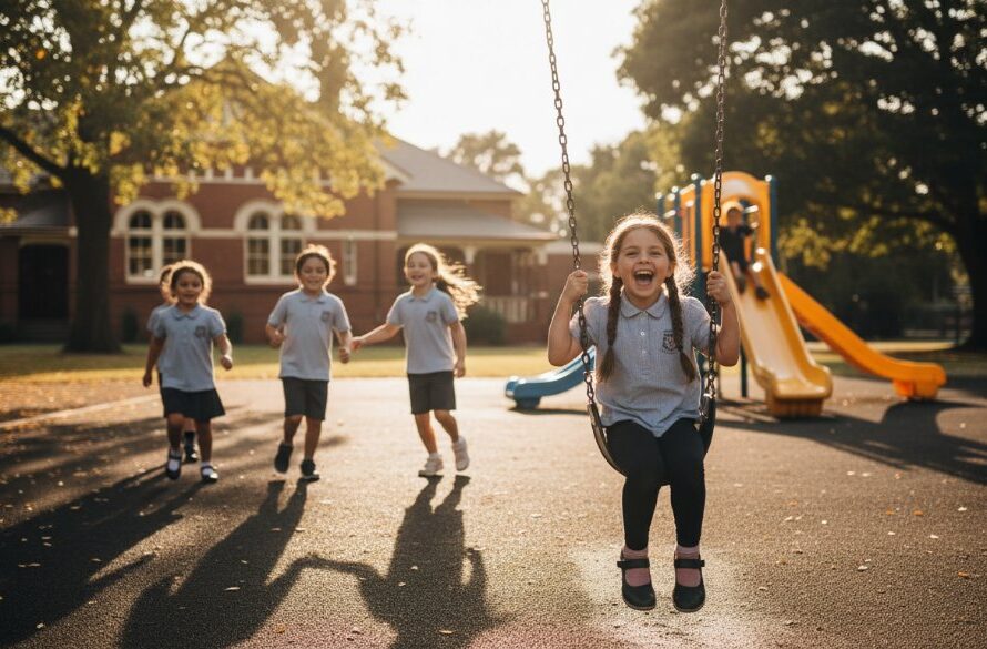 A candid, sun-drenched wide shot of students laughing joyfully in the playground of an Irymple school, with the iconic Irymple Primary School building in the background, beautifully illustrating 'capturing heartfelt school photography moments Irymple' with a professional, cinematic feel.