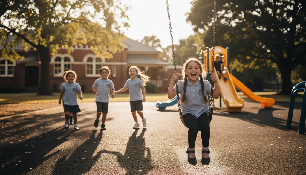 A candid, sun-drenched wide shot of students laughing joyfully in the playground of an Irymple school, with the iconic Irymple Primary School building in the background, beautifully illustrating 'capturing heartfelt school photography moments Irymple' with a professional, cinematic feel.