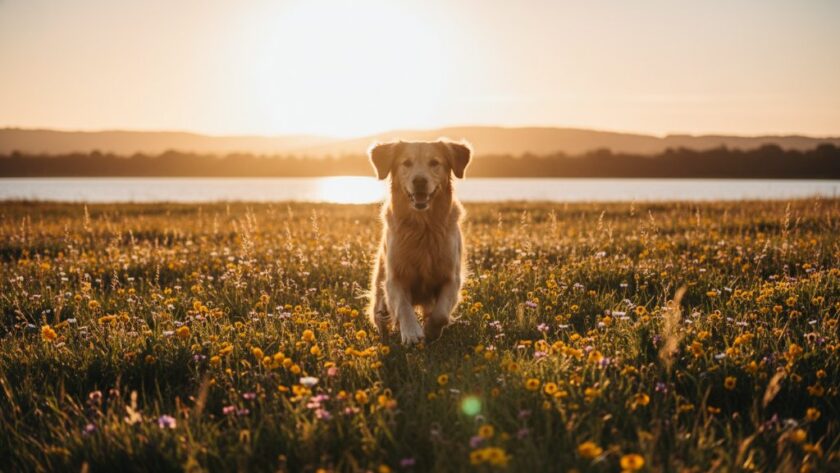 An emotionally resonant, professional photograph of a golden retriever joyfully leaping through a field of native wildflowers in Sale, Victoria, bathed in dramatic golden hour light, perfectly capturing heartwarming pet photography Sale Victoria.