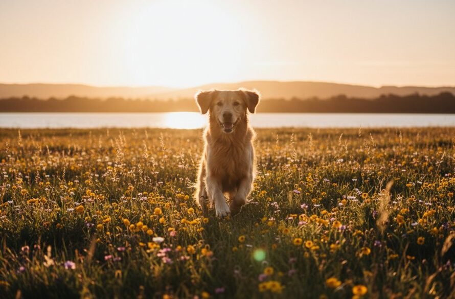 An emotionally resonant, professional photograph of a golden retriever joyfully leaping through a field of native wildflowers in Sale, Victoria, bathed in dramatic golden hour light, perfectly capturing heartwarming pet photography Sale Victoria.