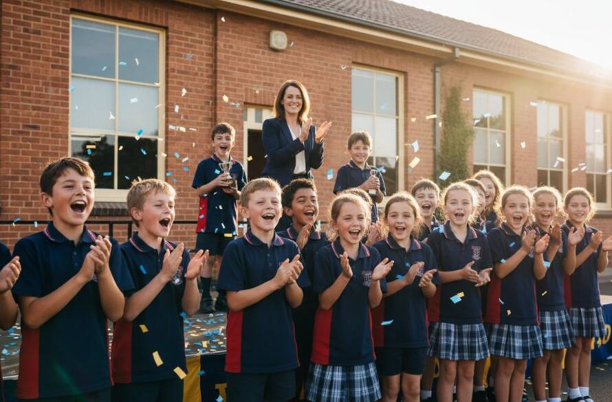 An emotionally resonant, wide-angle shot of excited students and proud teachers celebrating a school awards day on a sunny afternoon in Heathmont, Victoria, with a focus on capturing Heathmont school event photography memories through genuine smiles and dynamic interactions, bathed in warm golden hour light.