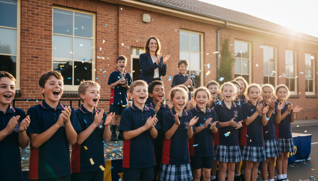 An emotionally resonant, wide-angle shot of excited students and proud teachers celebrating a school awards day on a sunny afternoon in Heathmont, Victoria, with a focus on capturing Heathmont school event photography memories through genuine smiles and dynamic interactions, bathed in warm golden hour light.