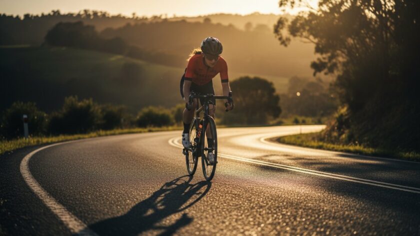 A dynamic, high-action photograph capturing Hepburn Springs sporting triumphs, showing an athlete in peak performance, with dramatic backlighting and a blurred natural landscape of Hepburn Springs in the background, conveying power and emotion.