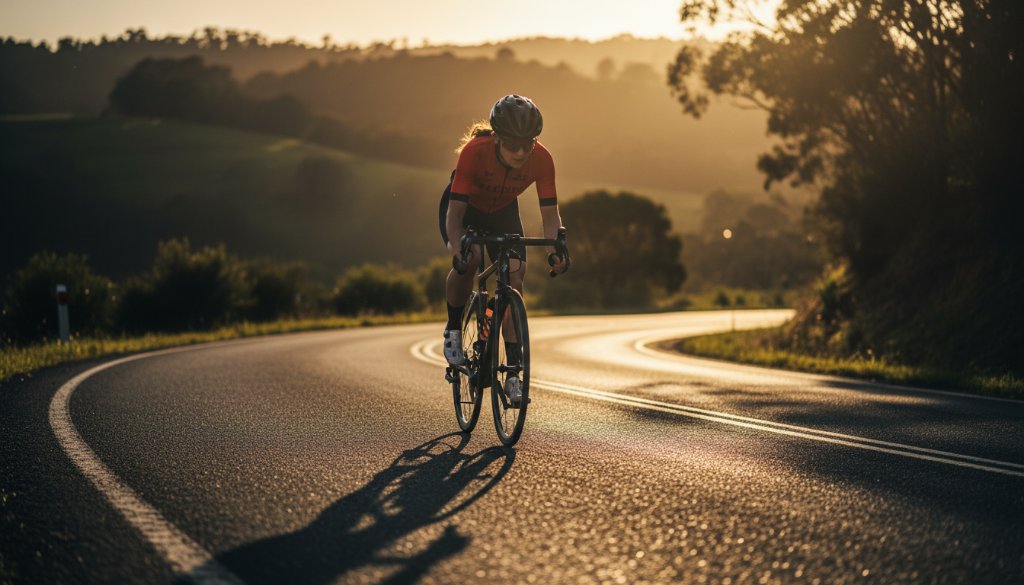 A dynamic, high-action photograph capturing Hepburn Springs sporting triumphs, showing an athlete in peak performance, with dramatic backlighting and a blurred natural landscape of Hepburn Springs in the background, conveying power and emotion.