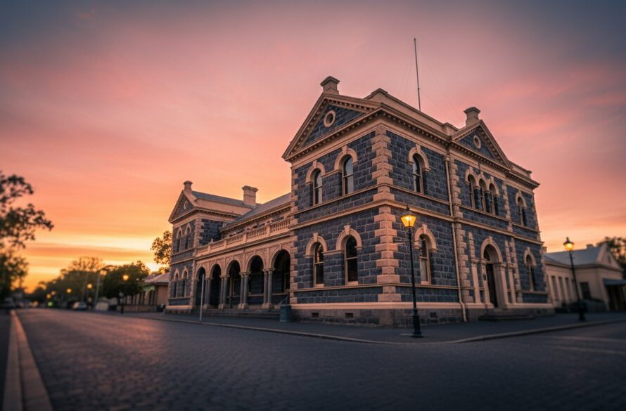 An epic moment photograph showcasing the grand facade of the historic Castlemaine Market Building at twilight, dramatically lit from below, with a warm golden hour glow on its intricate Victorian details, perfectly illustrating the art of capturing historic Castlemaine Victorian architecture photography.