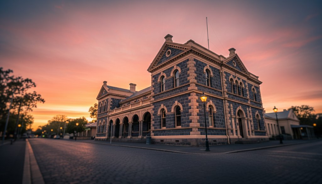 An epic moment photograph showcasing the grand facade of the historic Castlemaine Market Building at twilight, dramatically lit from below, with a warm golden hour glow on its intricate Victorian details, perfectly illustrating the art of capturing historic Castlemaine Victorian architecture photography.