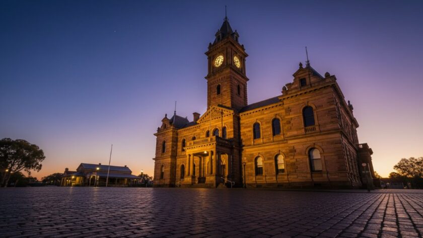 Dramatic wide-angle shot of the historic Horsham Town Hall at dawn, with golden light illuminating its Victorian facade against a deep blue sky, perfectly capturing Horsham's architectural heritage and grandeur.