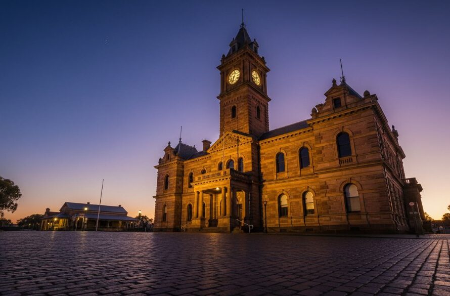 Dramatic wide-angle shot of the historic Horsham Town Hall at dawn, with golden light illuminating its Victorian facade against a deep blue sky, perfectly capturing Horsham's architectural heritage and grandeur.