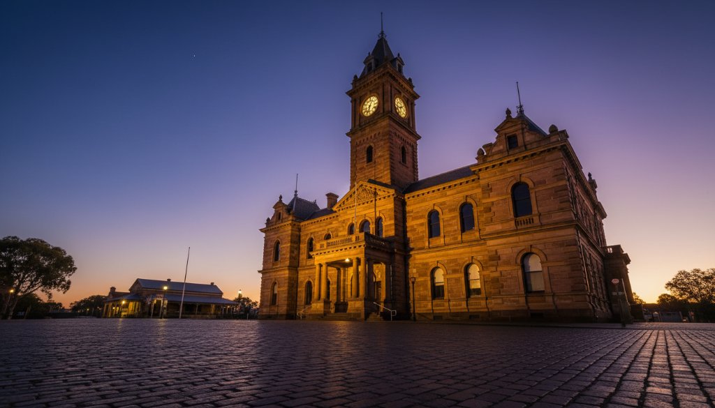 Dramatic wide-angle shot of the historic Horsham Town Hall at dawn, with golden light illuminating its Victorian facade against a deep blue sky, perfectly capturing Horsham's architectural heritage and grandeur.