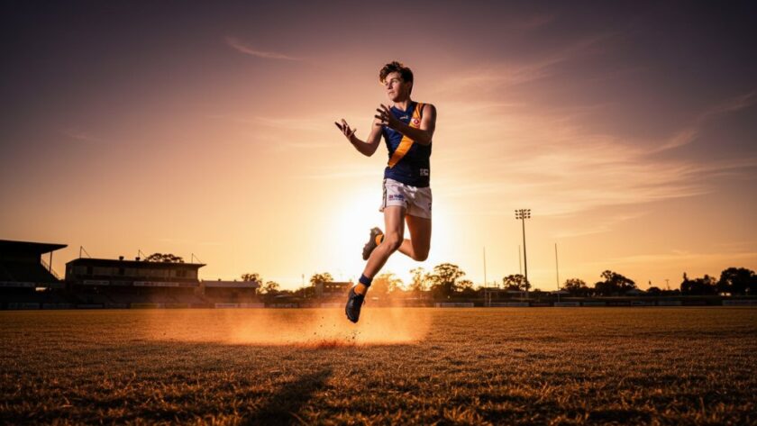 Dynamic action shot of a young athlete mid-jump during a football match at Horsham City Oval, capturing Horsham's youth sports action with dramatic evening light and a focused expression.
