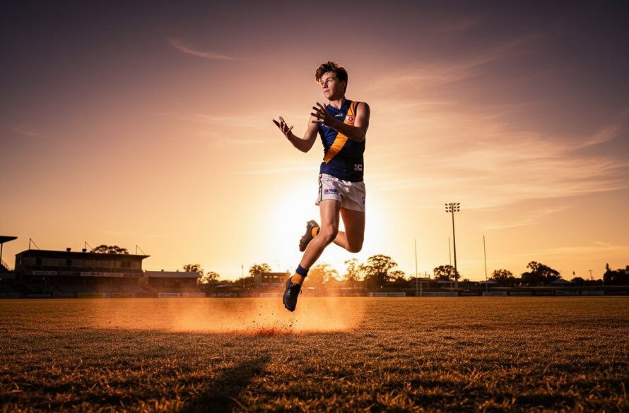Dynamic action shot of a young athlete mid-jump during a football match at Horsham City Oval, capturing Horsham's youth sports action with dramatic evening light and a focused expression.