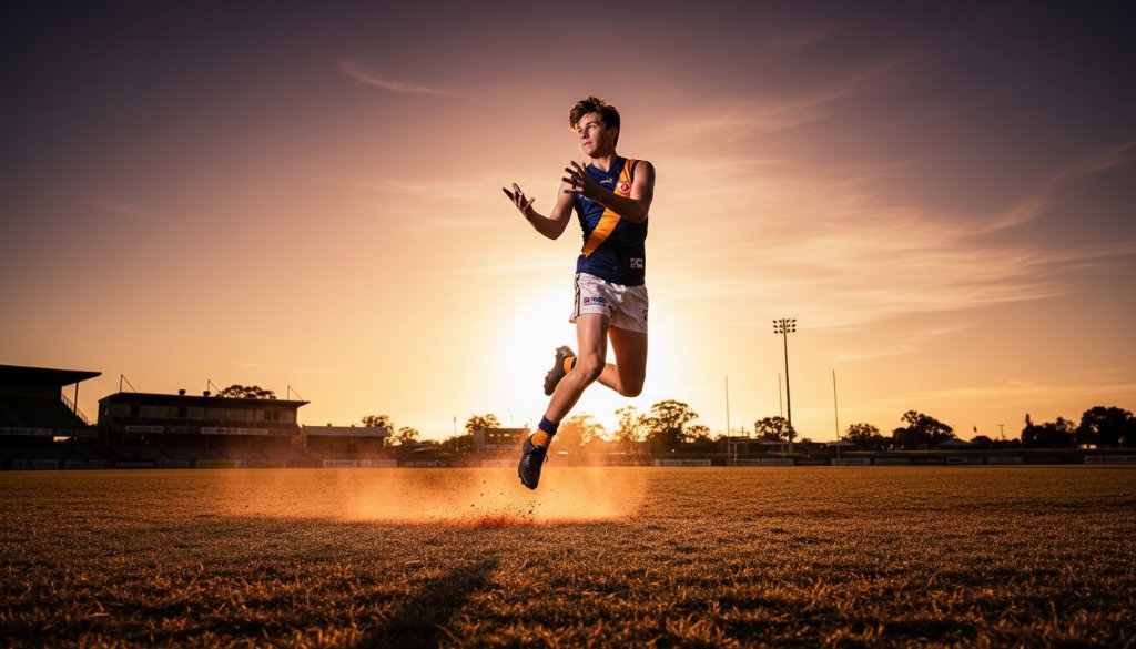 Dynamic action shot of a young athlete mid-jump during a football match at Horsham City Oval, capturing Horsham's youth sports action with dramatic evening light and a focused expression.