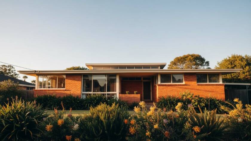 Dramatic, wide-angle photograph showcasing a beautifully preserved mid-century modern home in Hughesdale at sunset, golden light illuminating its clean lines and unique brickwork, perfectly capturing Hughesdale's mid-century modern architecture.
